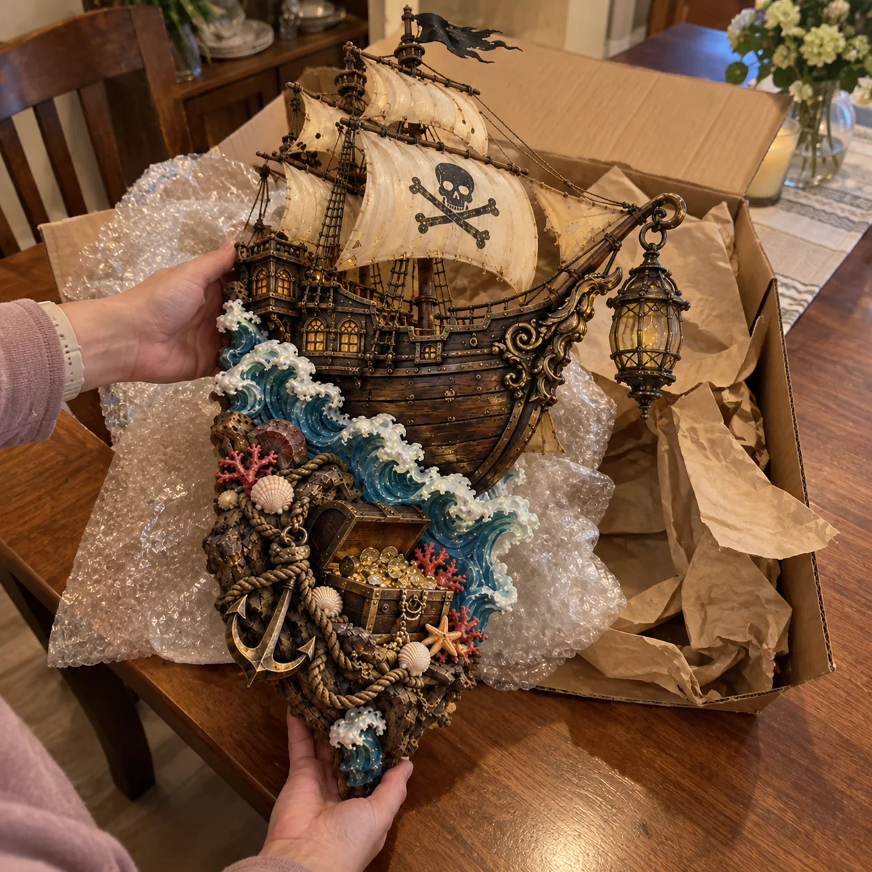 Hands holding the pirate ship wall sculpture above protective packaging