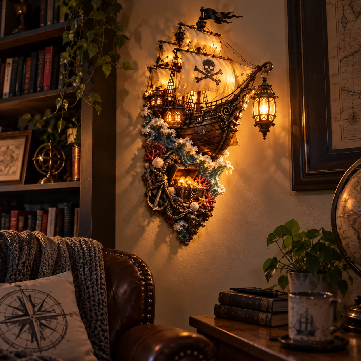 Illuminated pirate ship wall sculpture in a cozy reading corner with an armchair and books