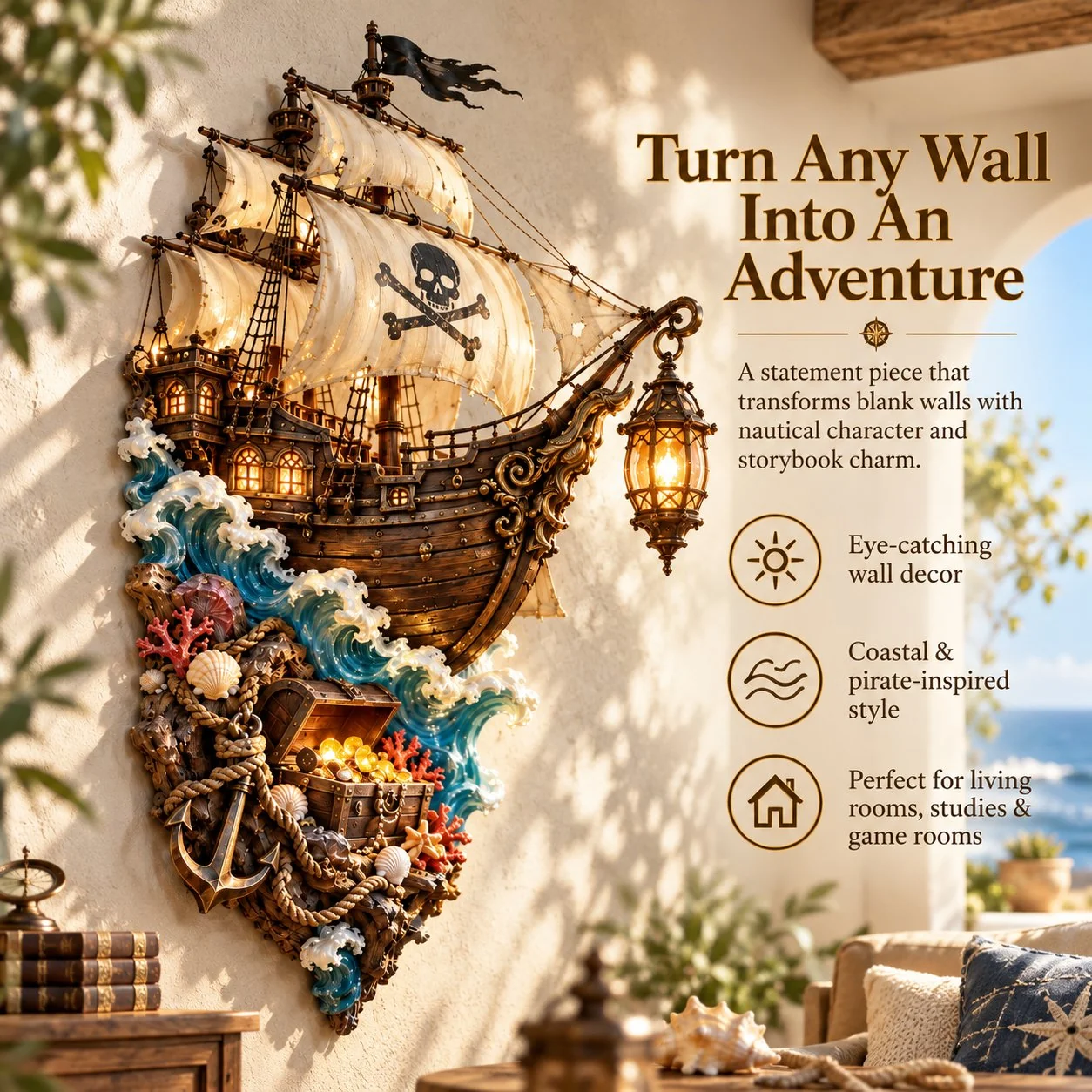 Pirate ship wall sculpture displayed in a bright room with detailed sails and ocean waves