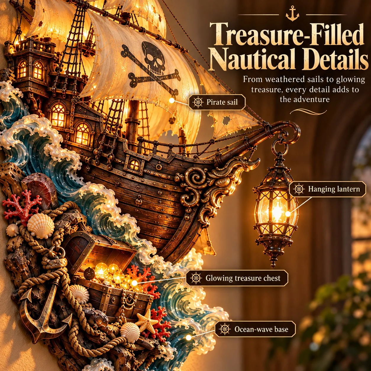 Close-up of the pirate sail, hanging lantern, treasure chest, and sculpted ocean-wave base