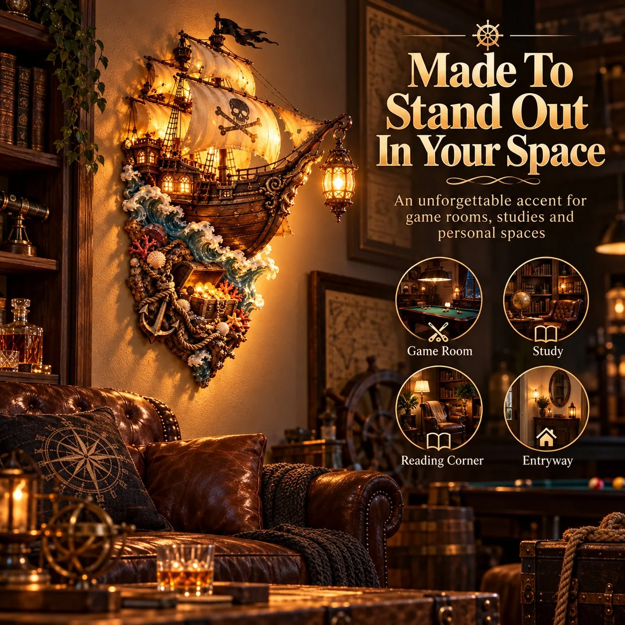 Light-up pirate ship wall decor styled above a cozy seating area