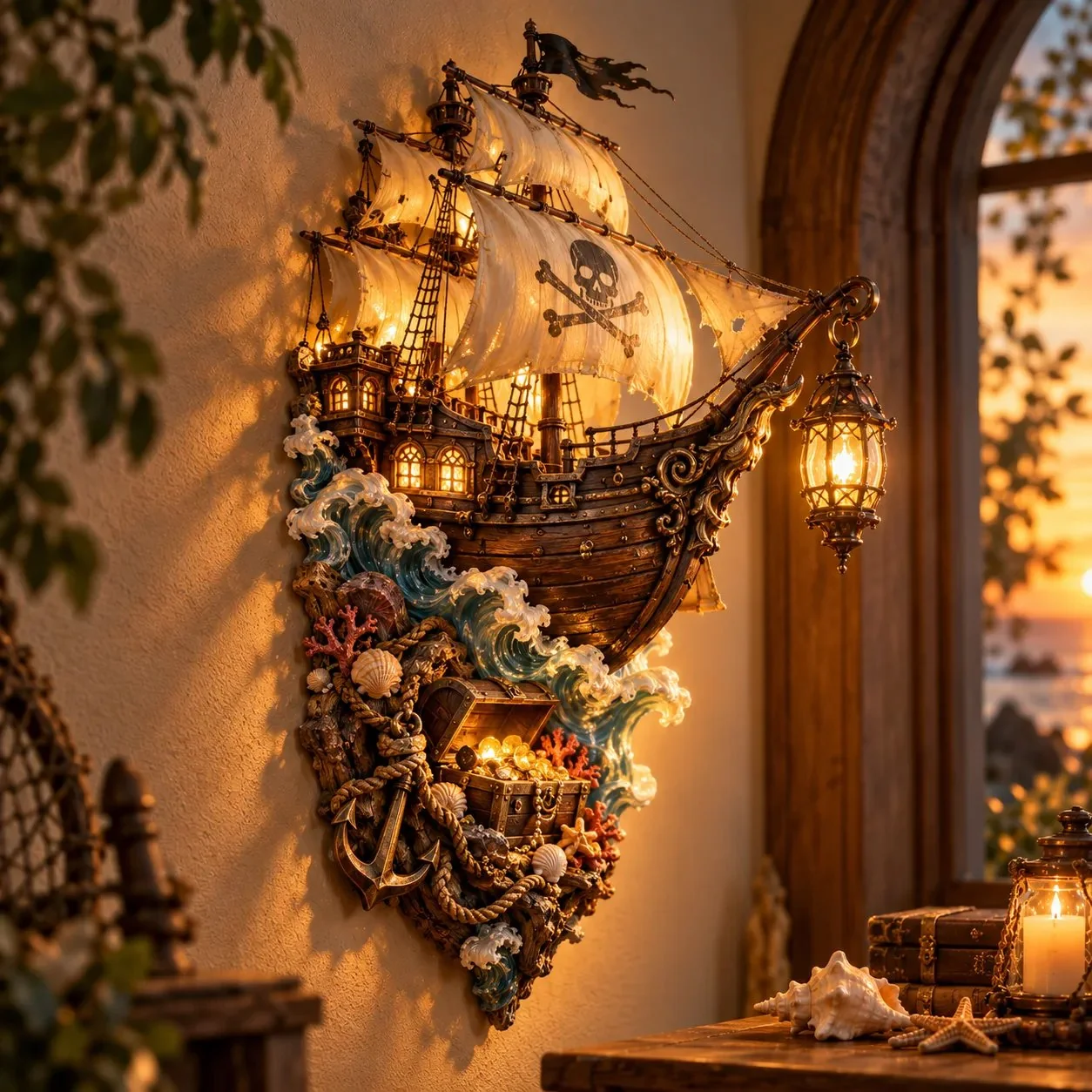 Warmly illuminated pirate ship wall sculpture displayed in an evening interior