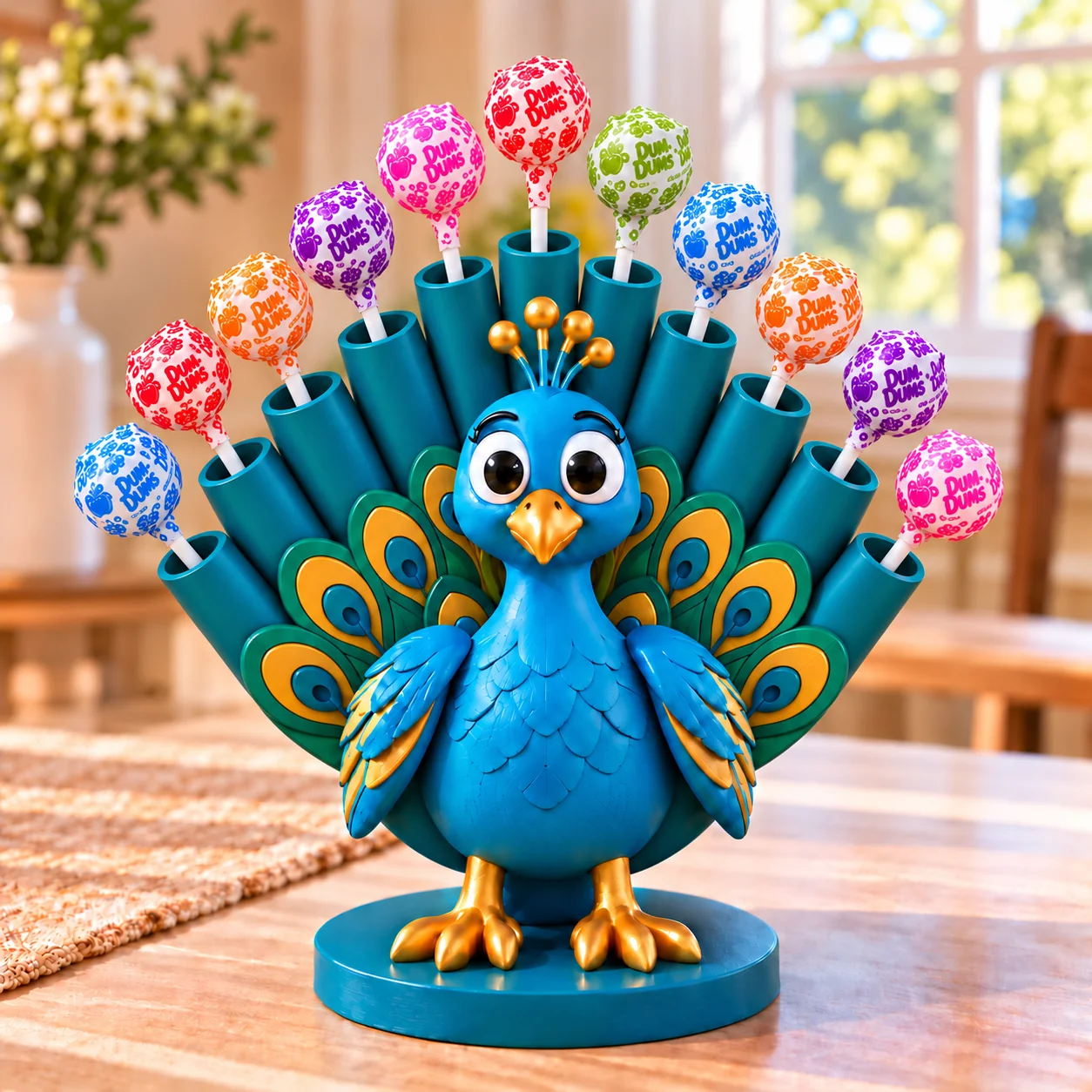 Peacock holder displaying colorful wrapped lollipops