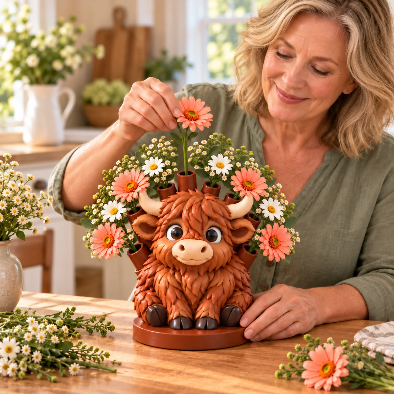 Woman arranging flowers in a Highland Cow decorative holder