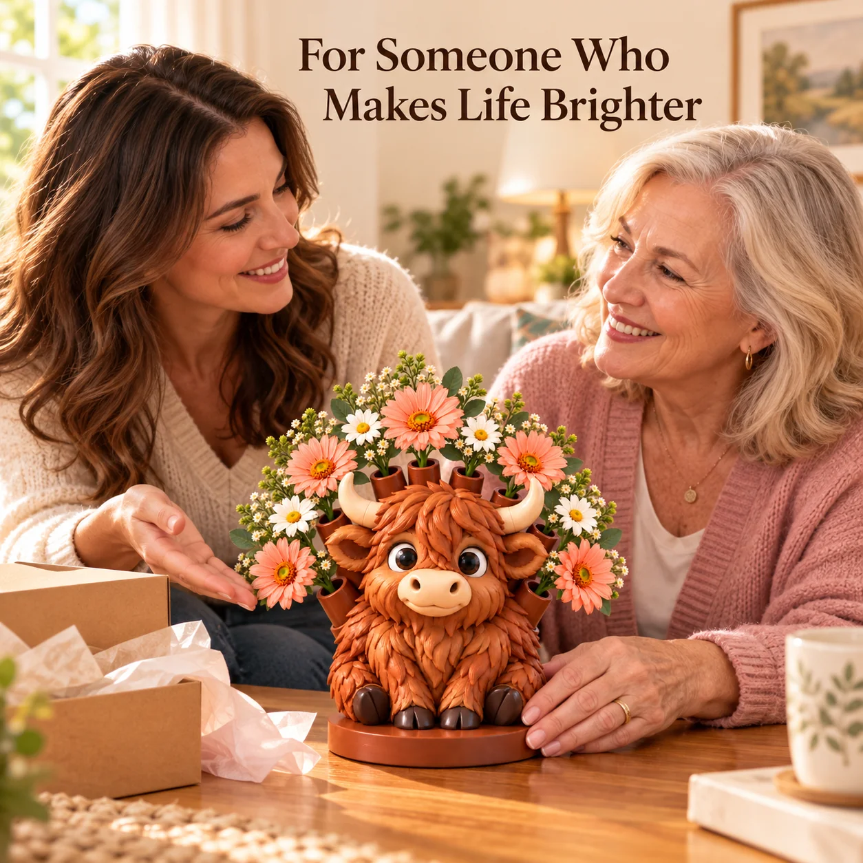 Mother and daughter sharing a Highland Cow decorative holder as a gift