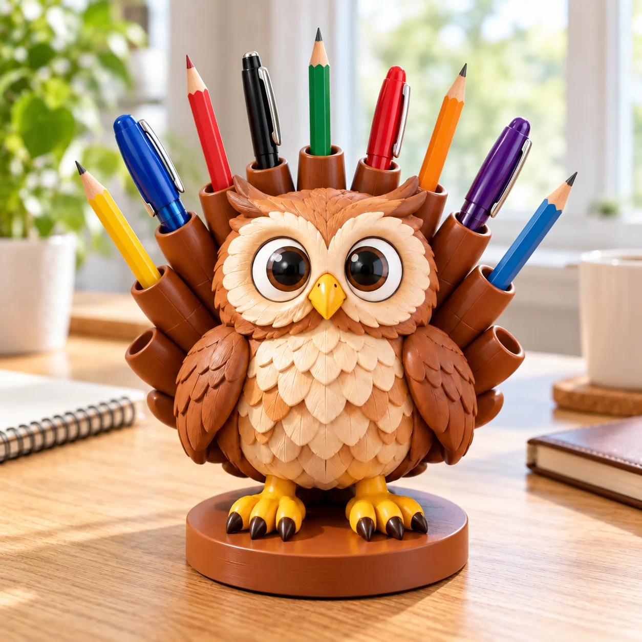 Owl decorative holder displaying colored pens and pencils