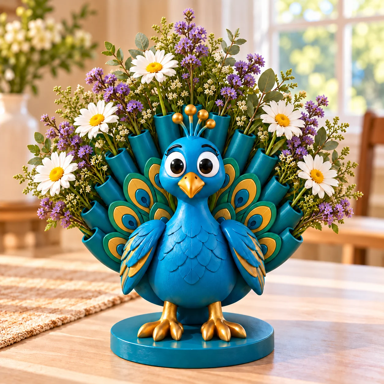 Peacock decorative holder with a colorful arrangement of flower stems