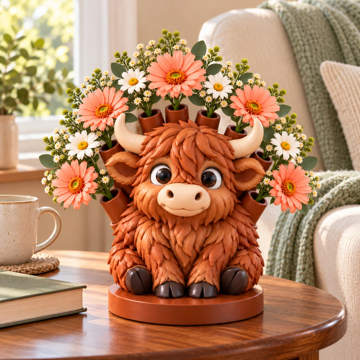Highland Cow flower holder beside books and an armchair in a bright room
