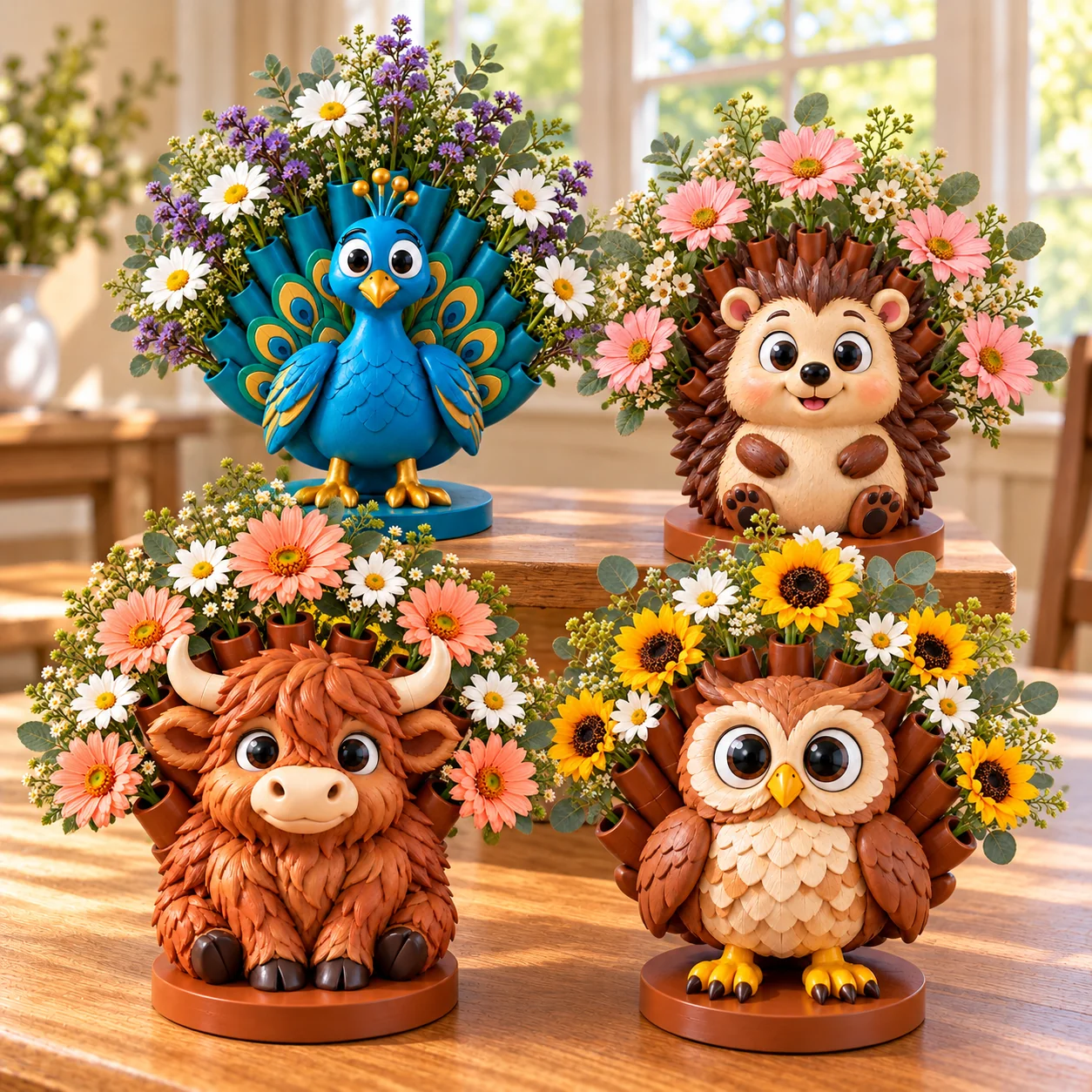 Highland Cow, Owl, Hedgehog and Peacock decorative holders together