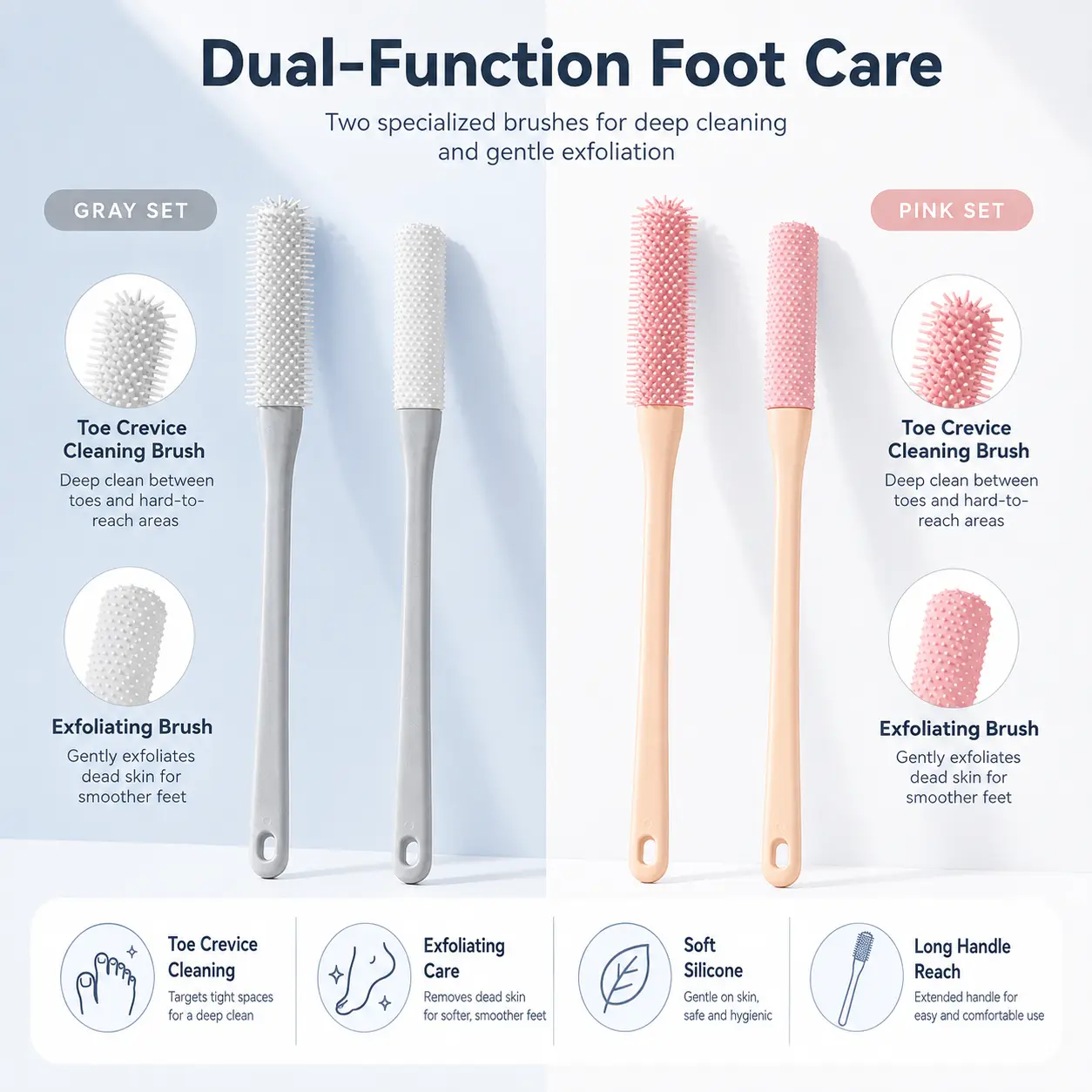 Gray and pink dual-function silicone foot care brush sets