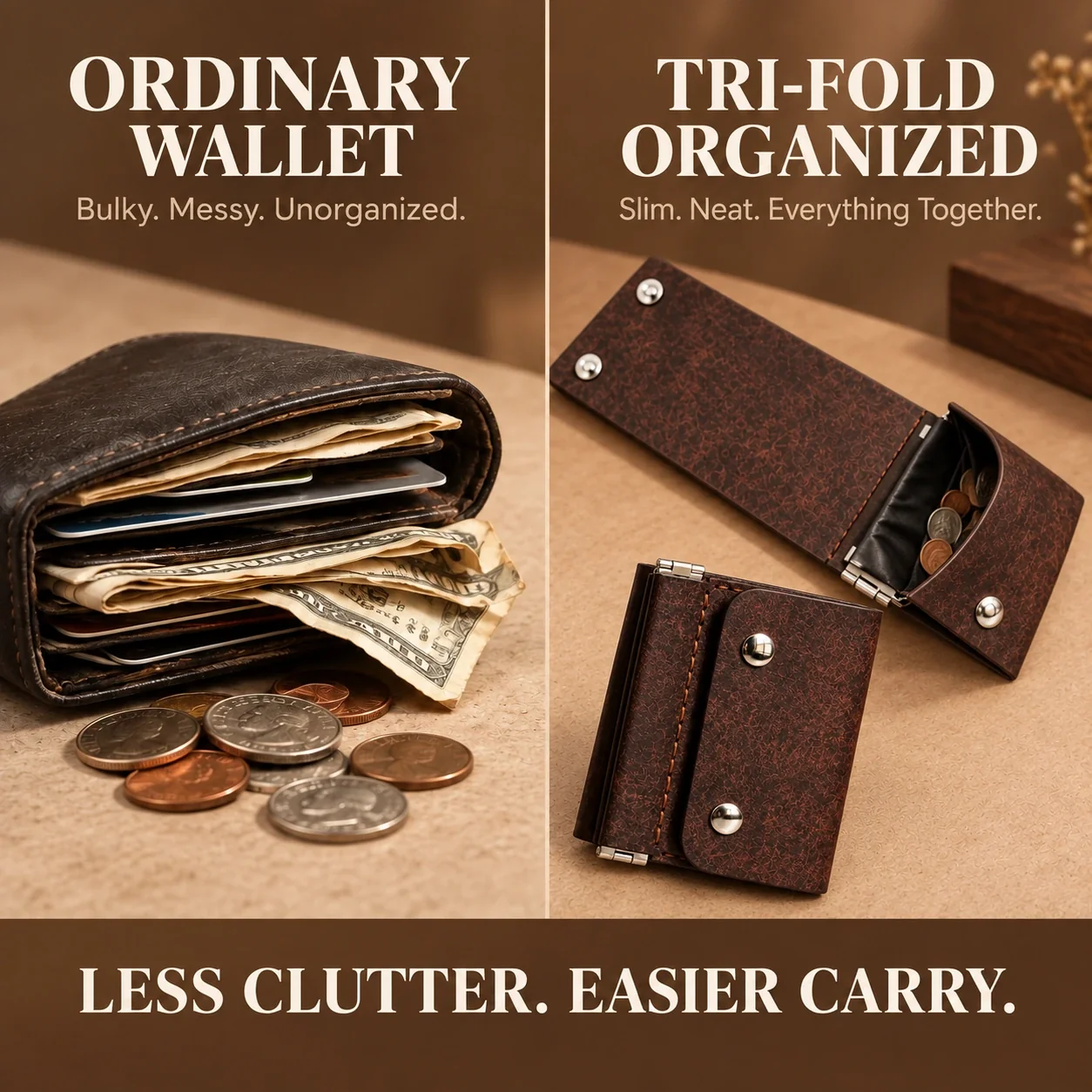 Bulky ordinary wallet compared with an organized compact three-fold wallet