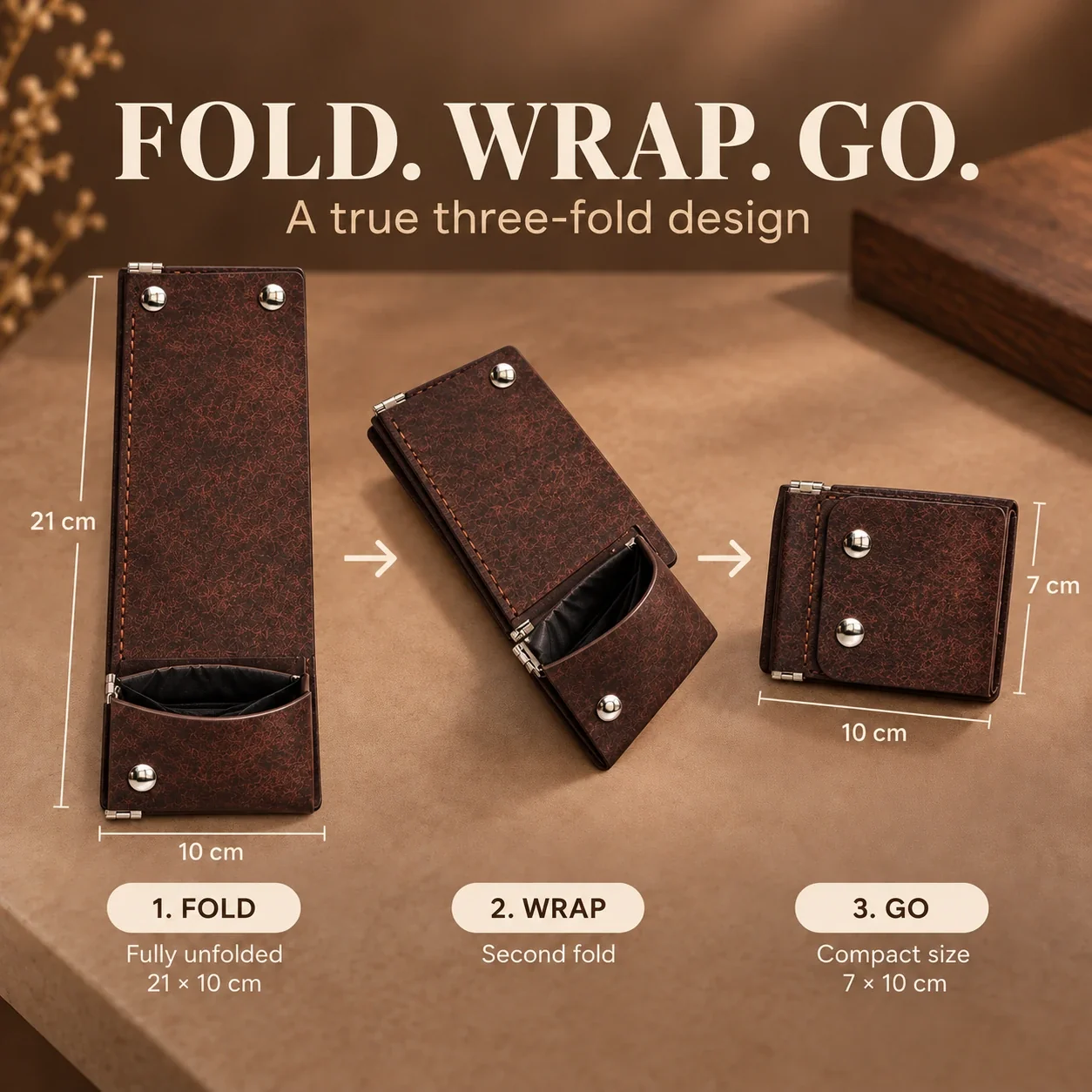 Three steps showing the wallet unfolding and folding