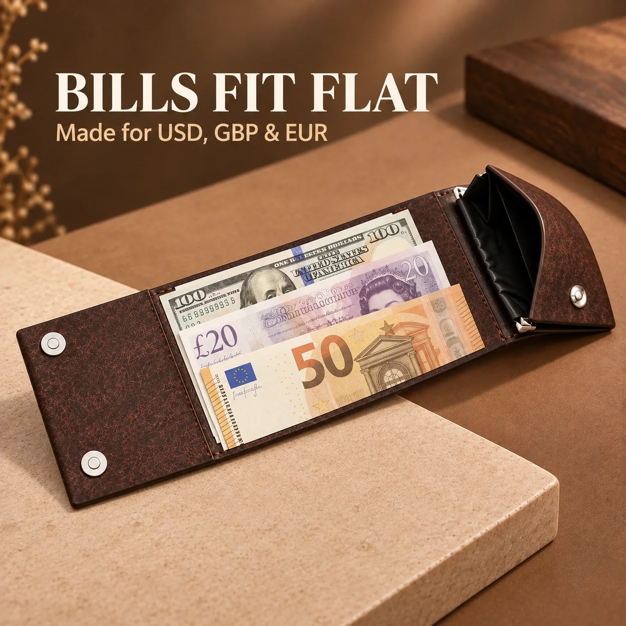 Open three-fold wallet holding US dollar, British pound, and euro banknotes