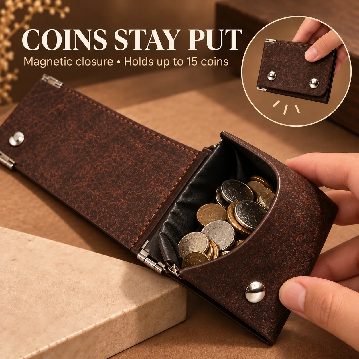 Accordion coin pouch with coins and magnetic closure