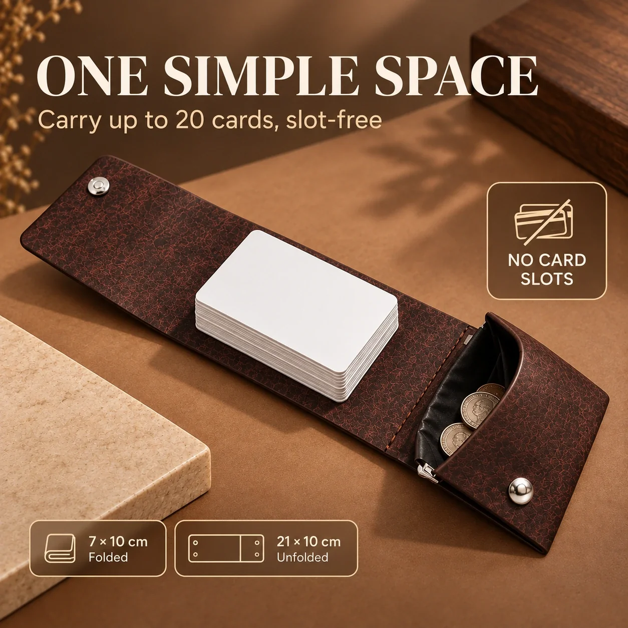 Slot-free wallet area carrying a neat stack of cards