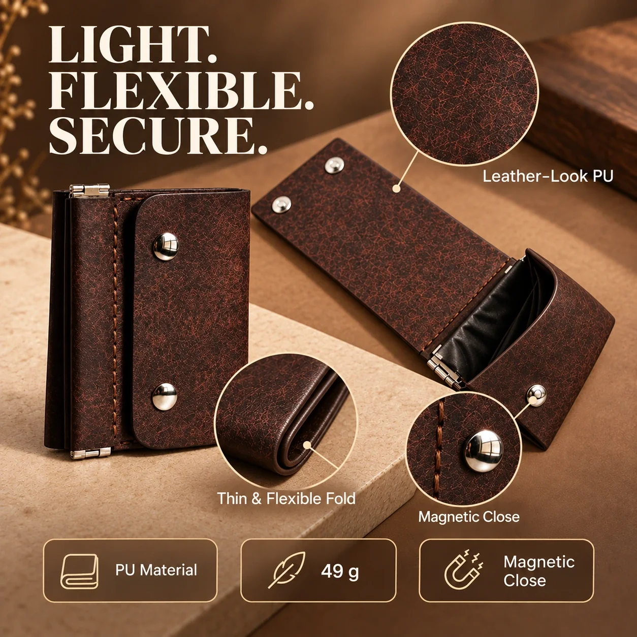Close-up details of leather-look PU texture, stitching, fold, and magnetic hardware
