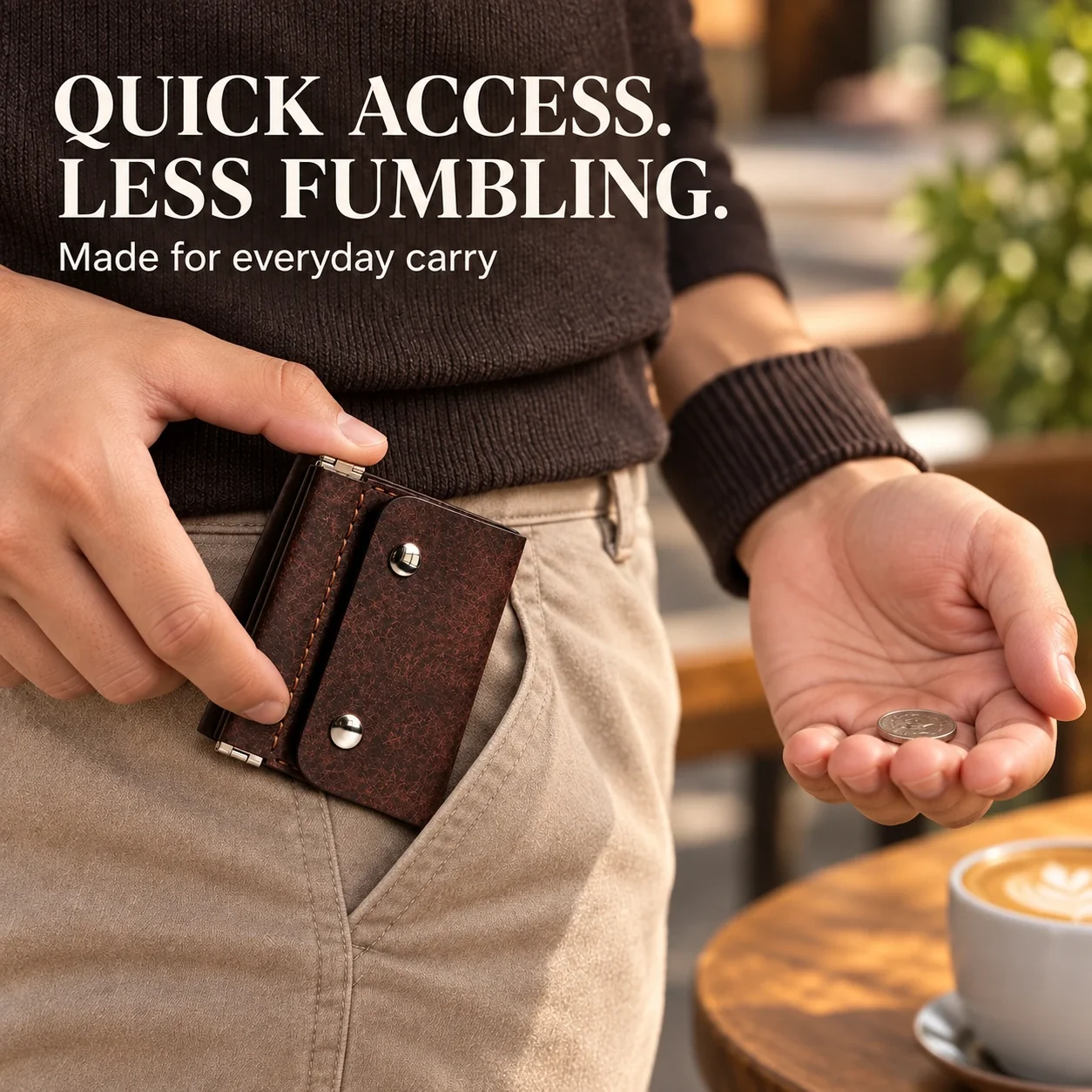 Compact vintage-style wallet being taken from a front pocket