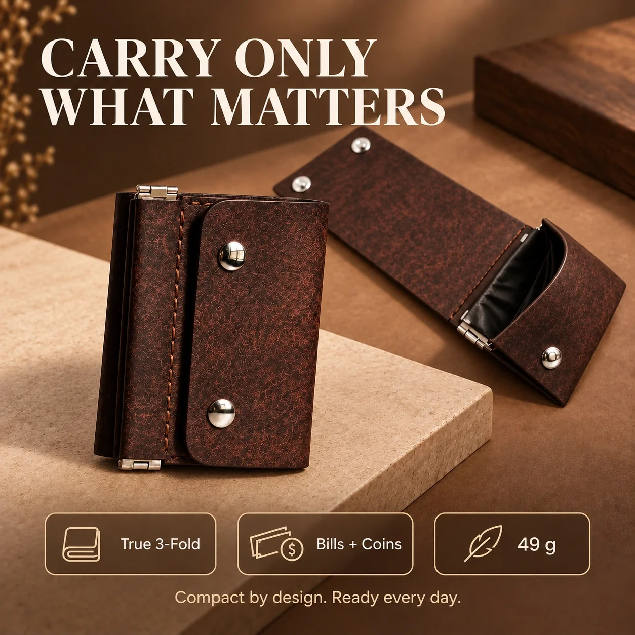 Three-fold wallet summary showing compact size, bills, coins, and lightweight design