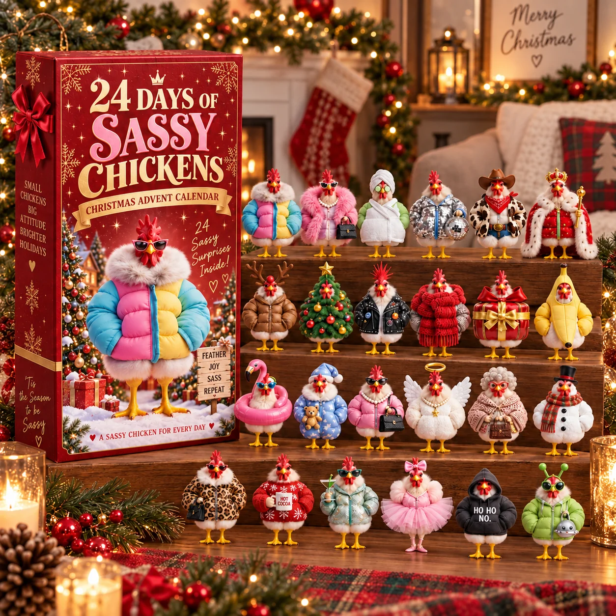 Sassy Clucks Christmas advent calendar with all 24 quirky collectible chickens displayed