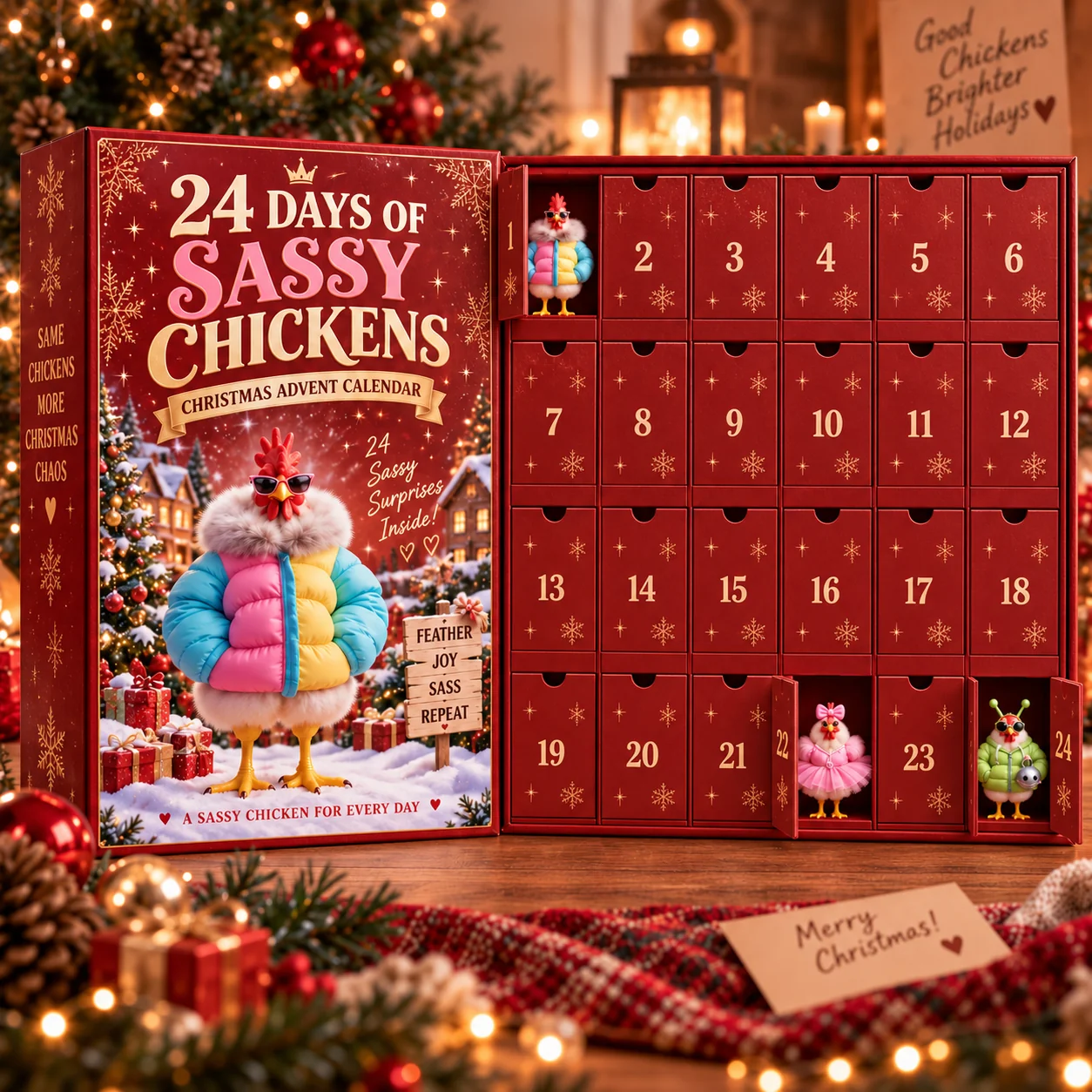 Red Sassy Clucks advent calendar with numbered surprise compartments and three opened doors