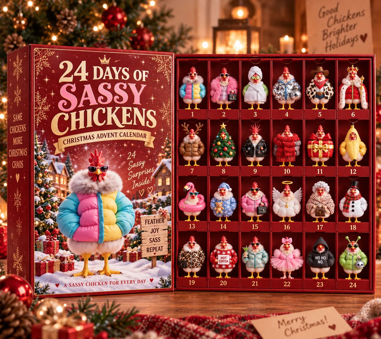All 24 unique chicken figurines in the open Christmas advent display box