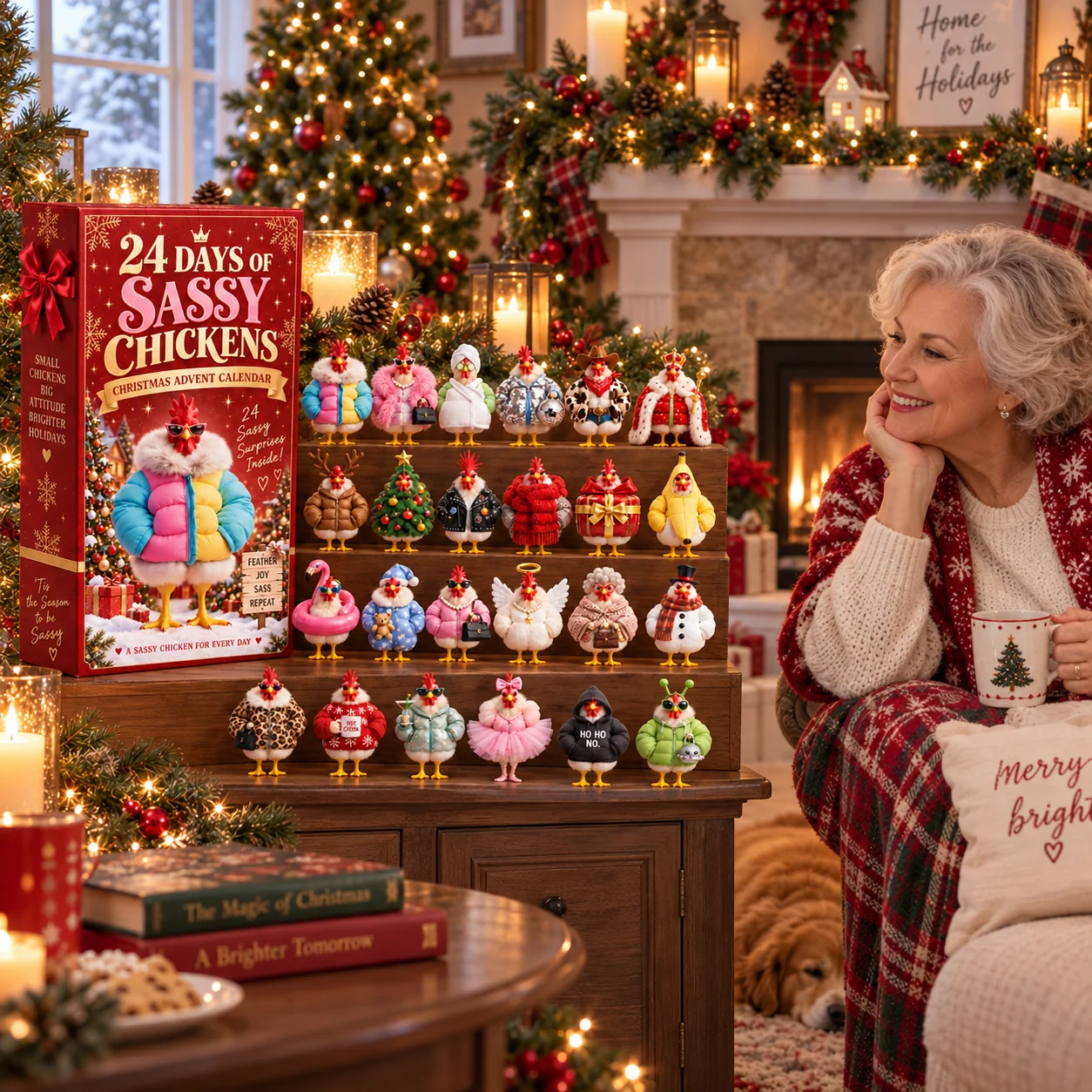 Older woman enjoying the complete Sassy Clucks collectible chicken display beside a Christmas fireplace