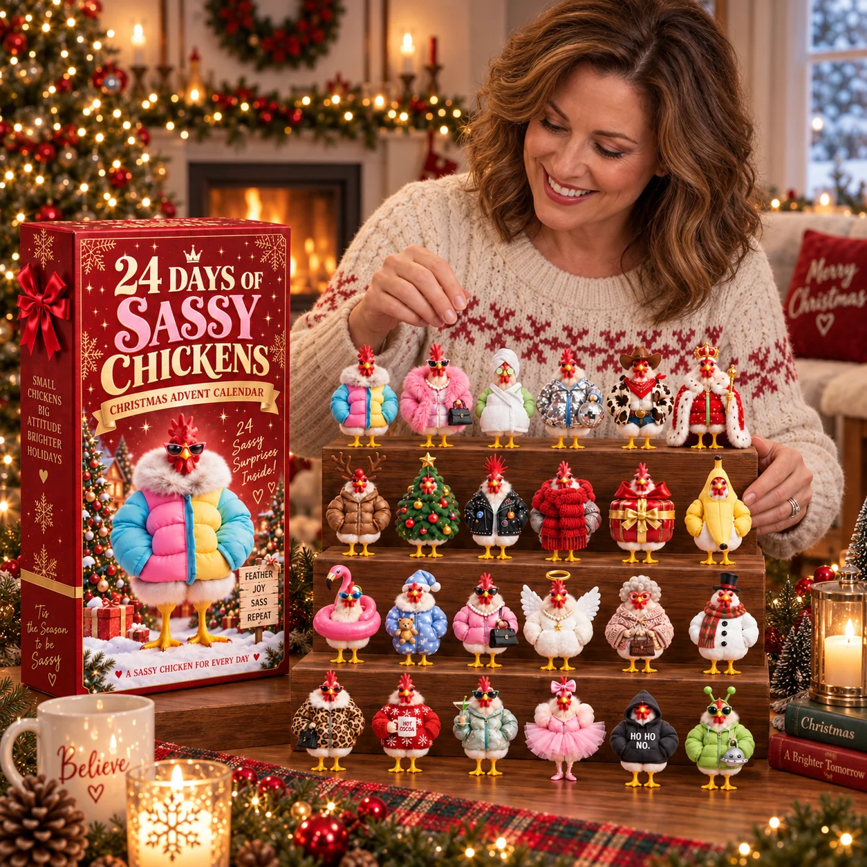 Woman smiling while arranging the quirky Sassy Clucks figurines during Christmas