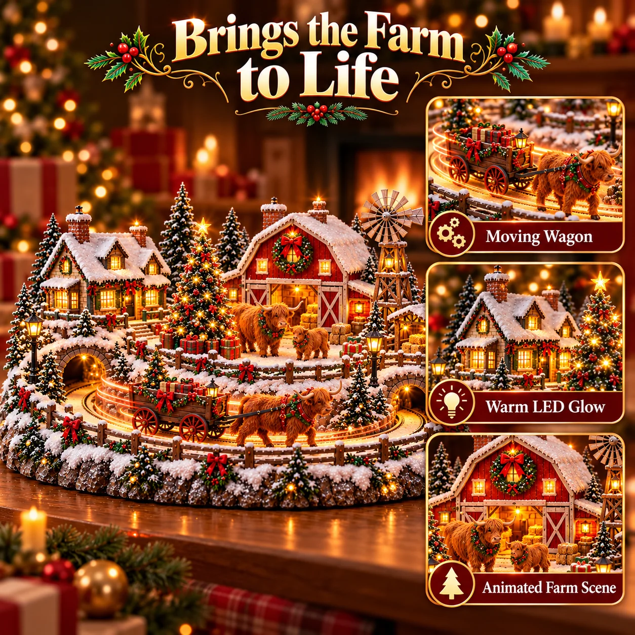 Animated Highland Cow Christmas display features