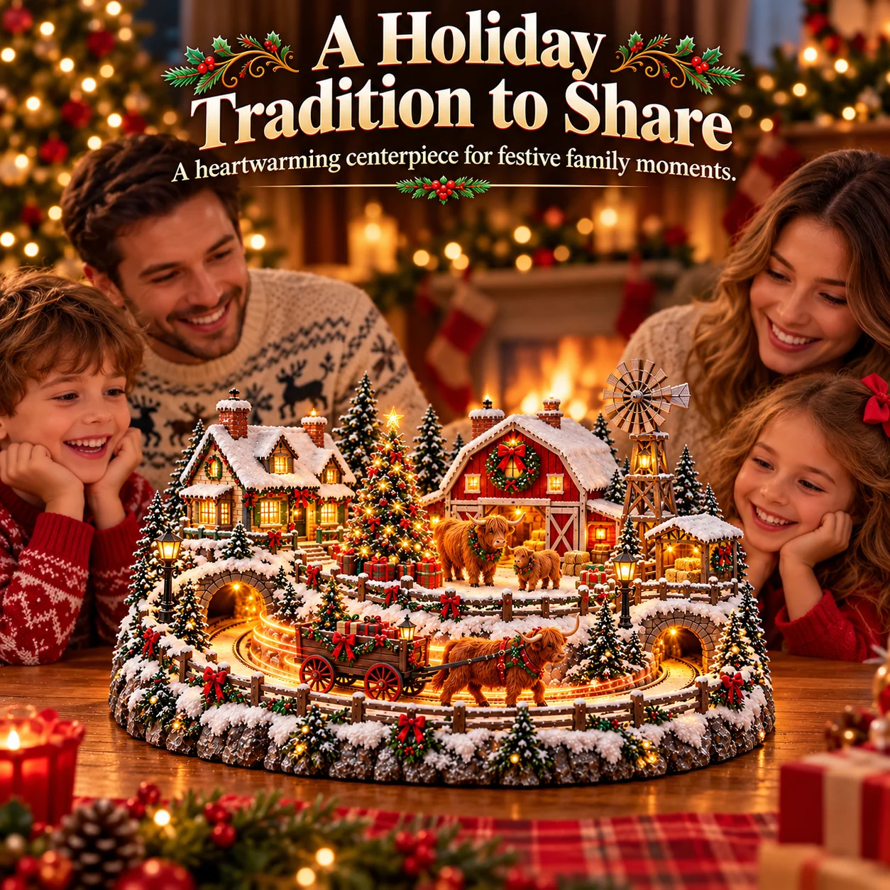 Family enjoying Highland Cow Christmas Farm Village