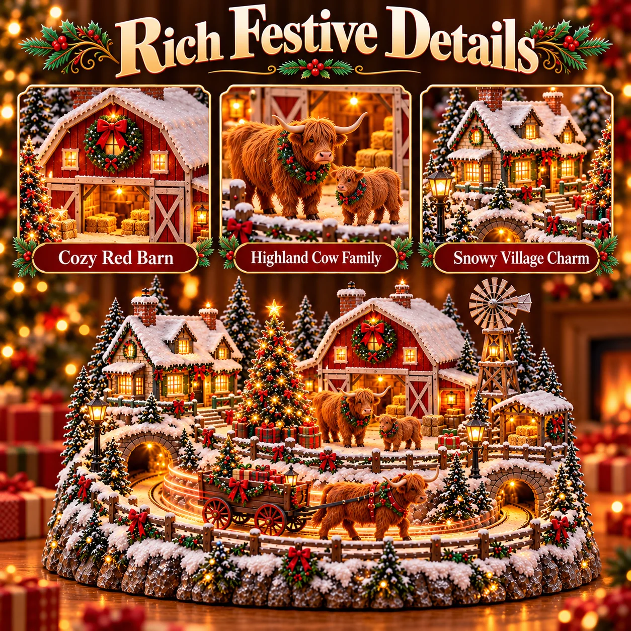 Highland Cow Christmas Farm Village detailed scene