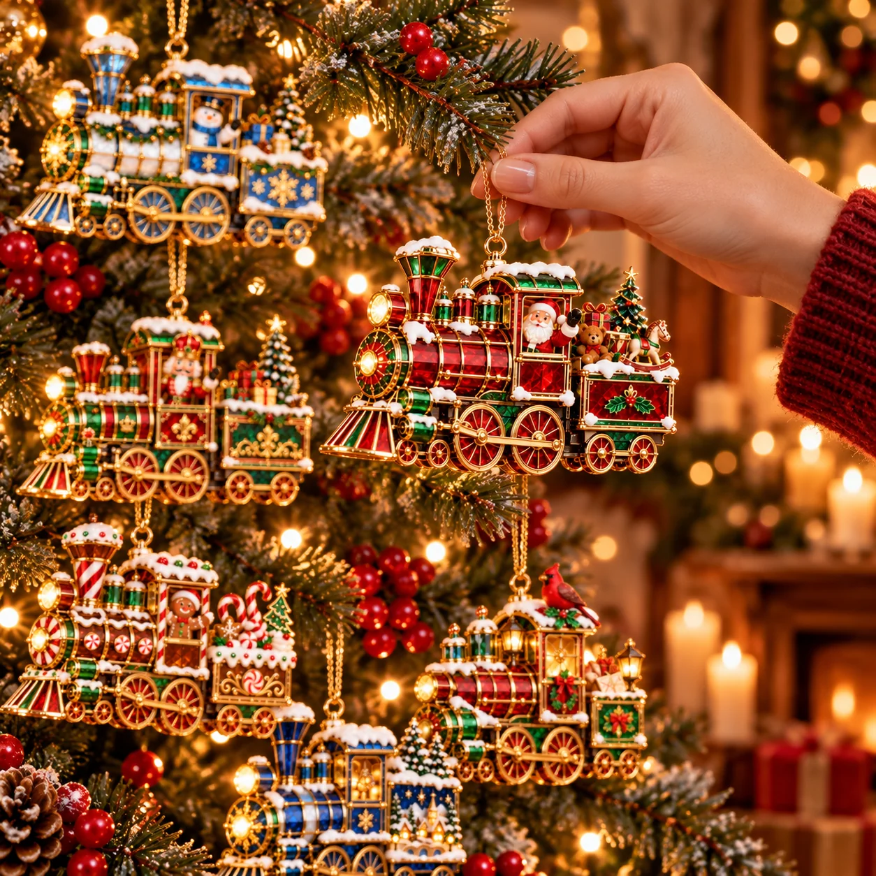 Santa and Snowman Christmas Train Ornaments on a Tree