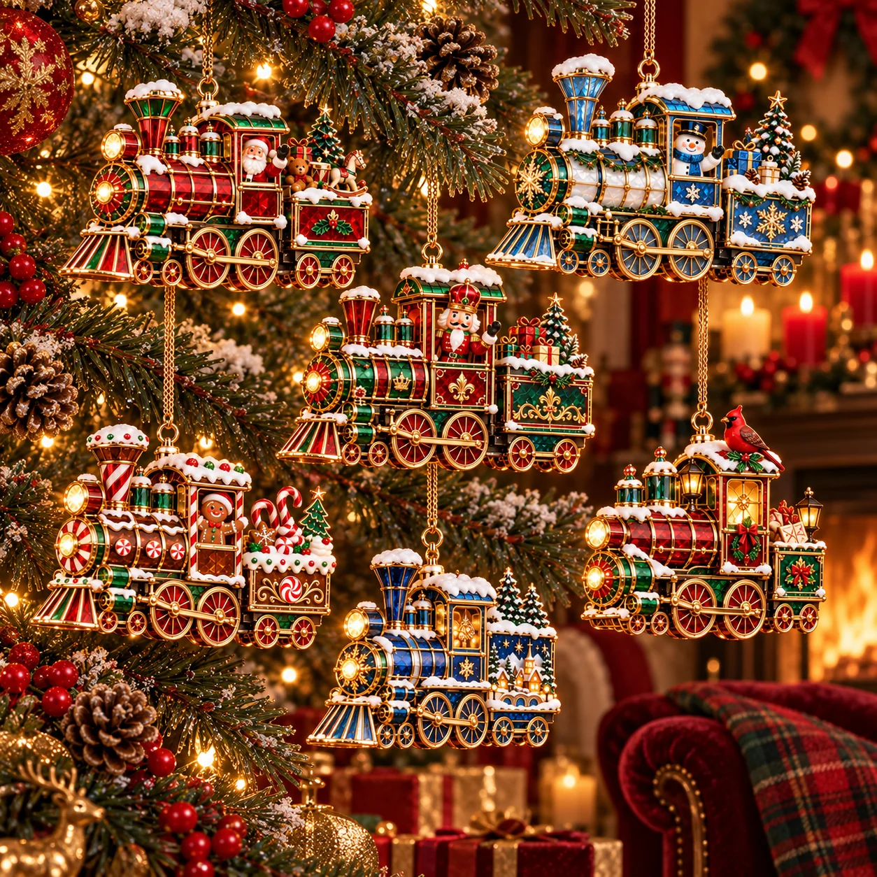 Six Vintage Christmas Train Ornaments Hanging on a Christmas Tree