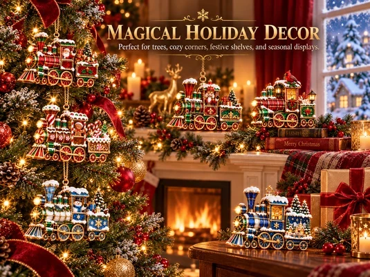 Vintage Christmas Train Ornaments Styled with Holiday Decorations