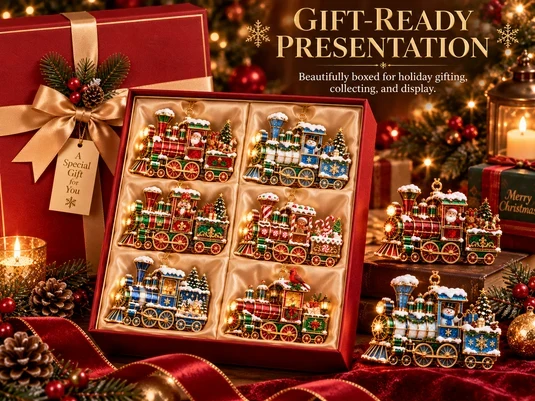 Six Christmas Train Ornaments Presented in Festive Gift Box