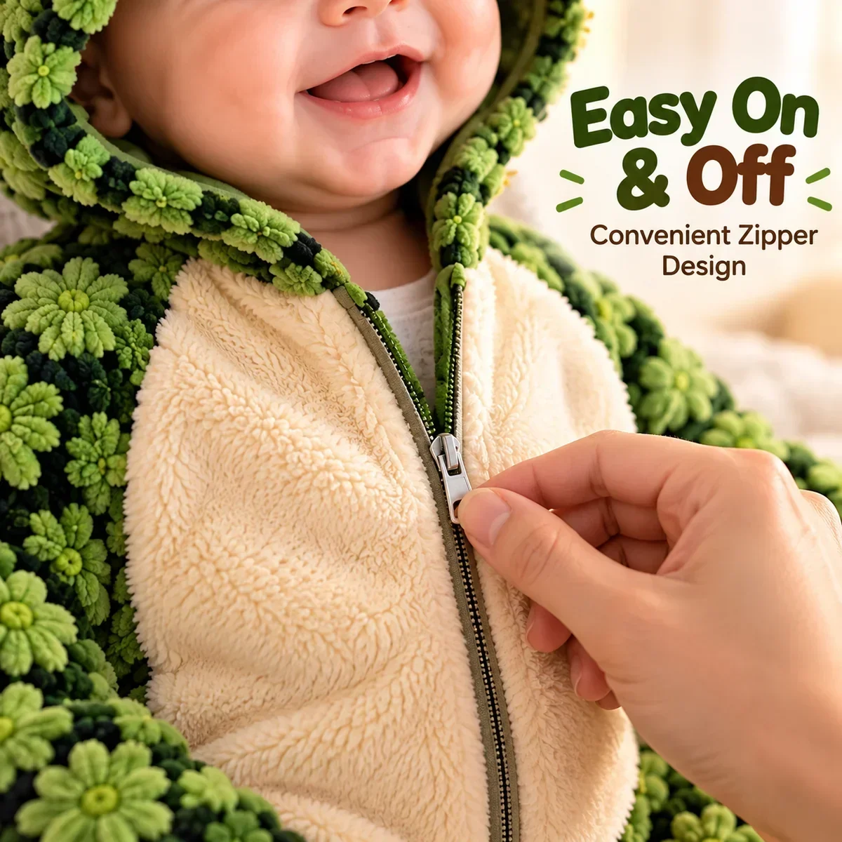 Front zipper on turtle baby onesie