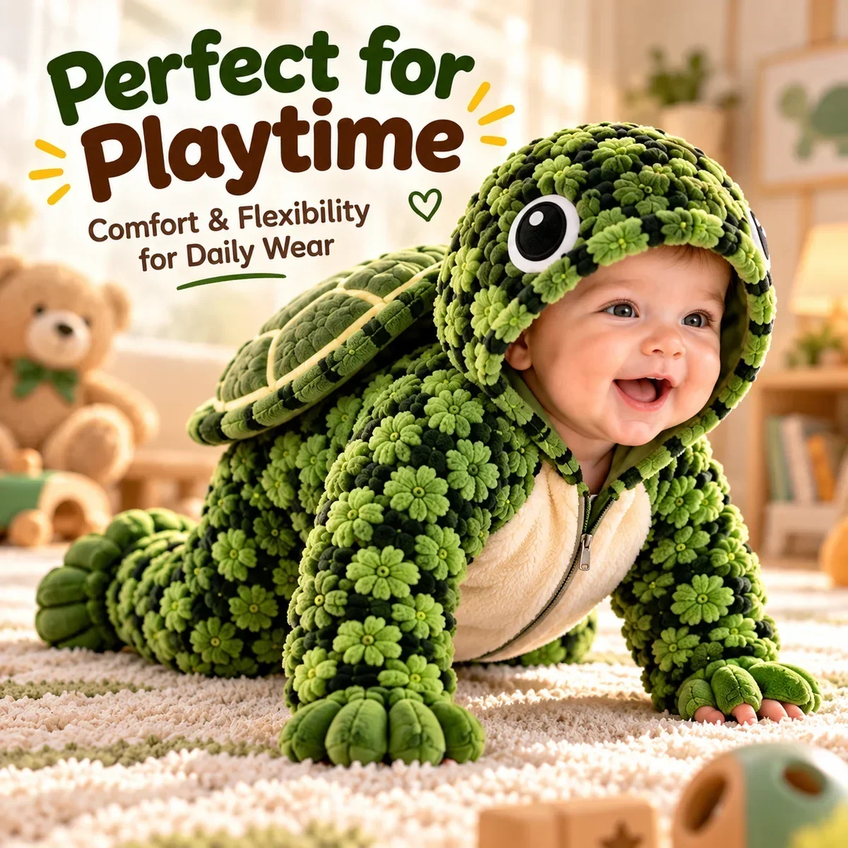 Baby playing in turtle outfit