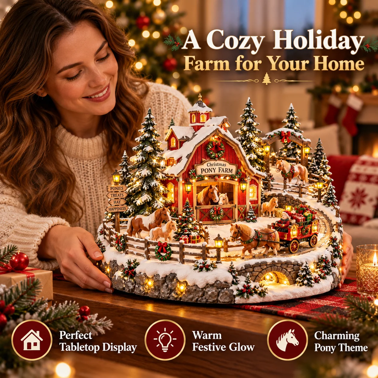 Woman displaying Christmas Pony Farm Village in cozy home
