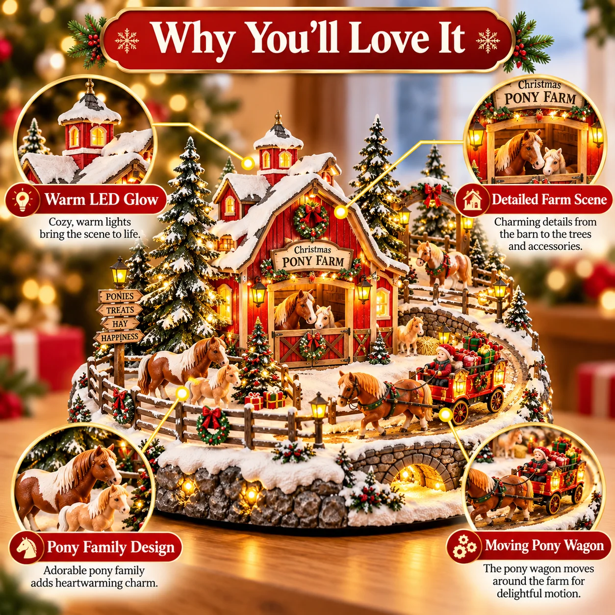 Christmas Pony Farm Village features moving wagon warm lights and pony family