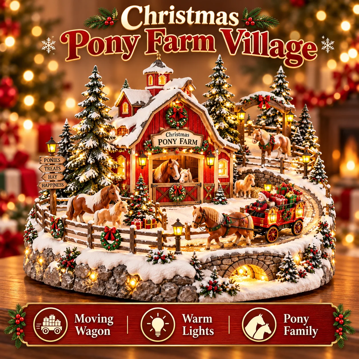 Christmas Pony Farm Village animated holiday scene