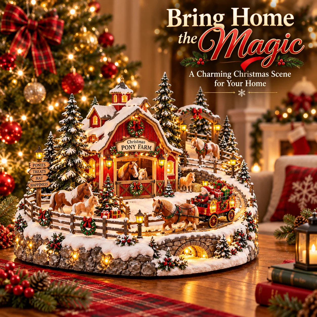 Warm glowing Christmas Pony Farm Village holiday display