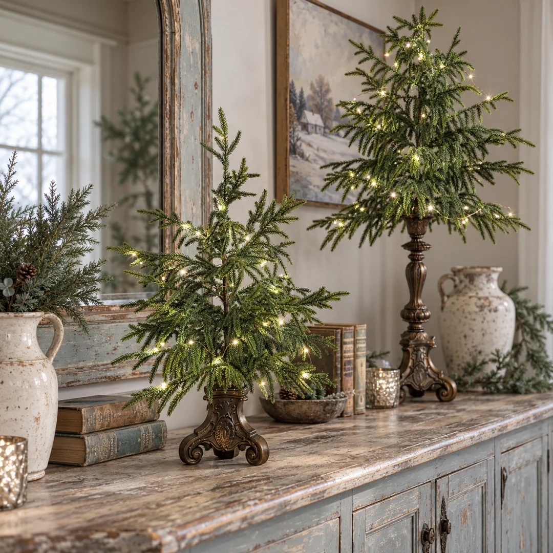 Two illuminated Norfolk pine trees with vintage pedestal bases styled on a rustic sideboard