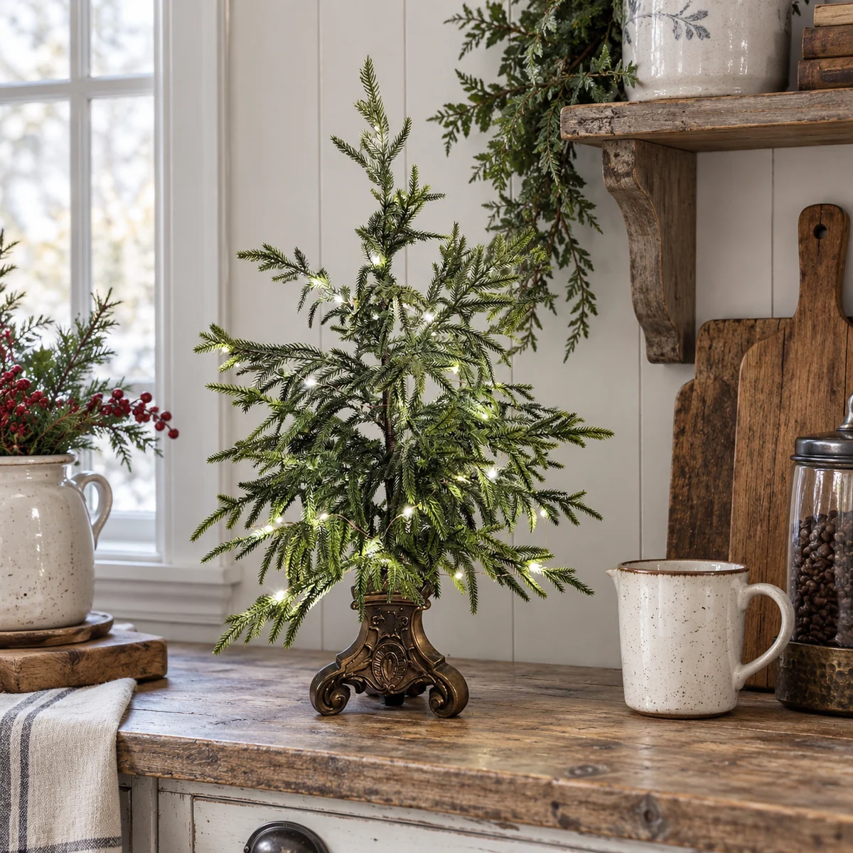Single Norfolk pine tree with softly cascading green branches on a kitchen counter