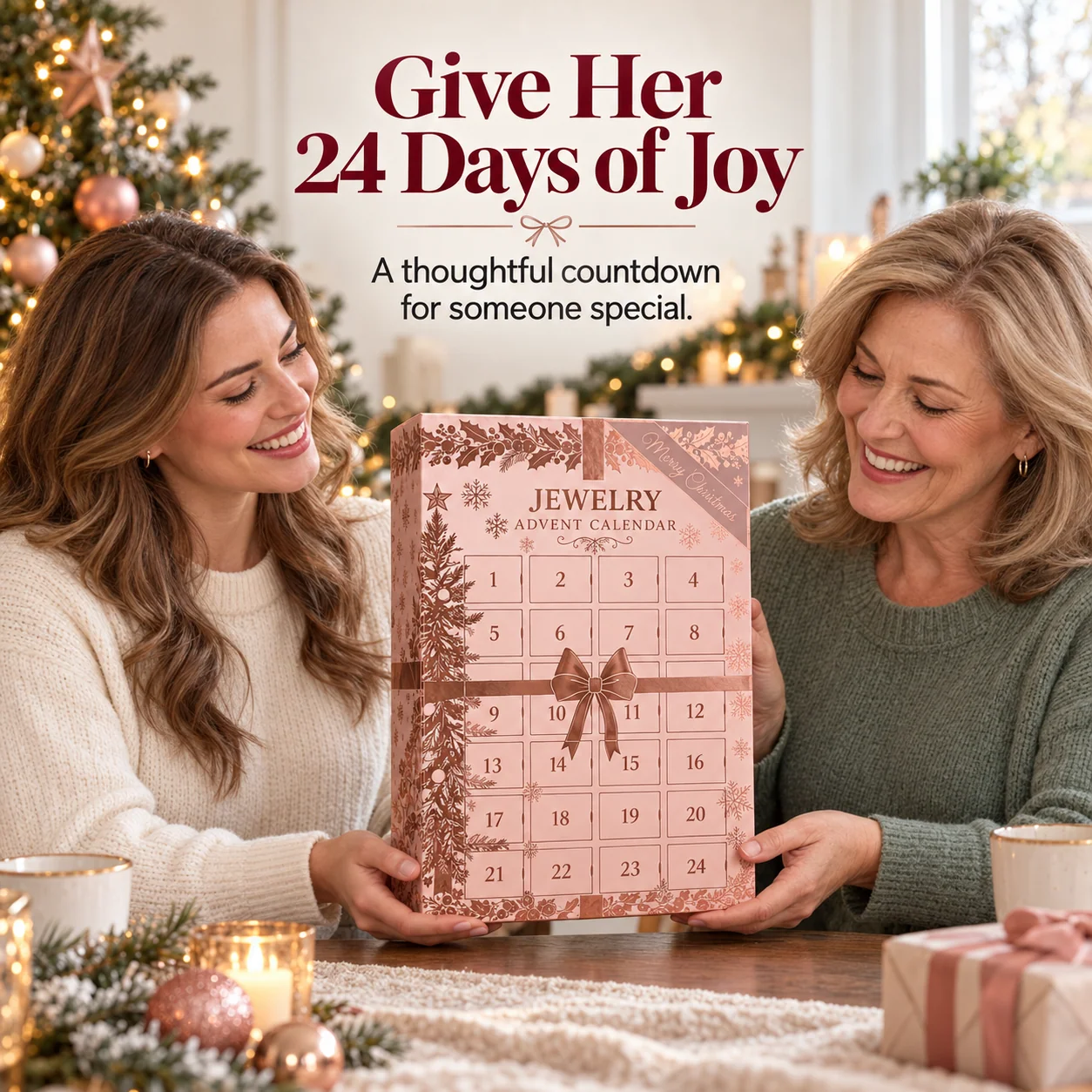 A daughter and mother sharing a pink jewelry advent calendar in a festive home