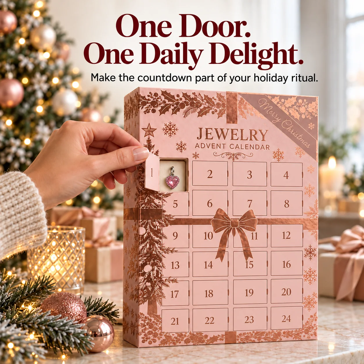 Opening door one to reveal a pink heart charm in the Christmas advent calendar