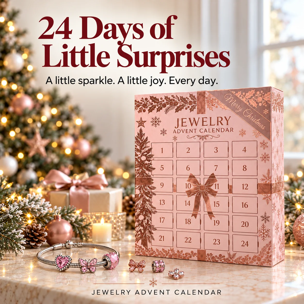Pink Christmas jewelry advent calendar with 24 numbered doors and a selection of charms