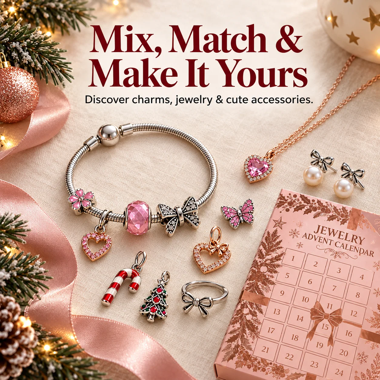 A selection of jewelry and charms with pink hearts, bows and Christmas-inspired details