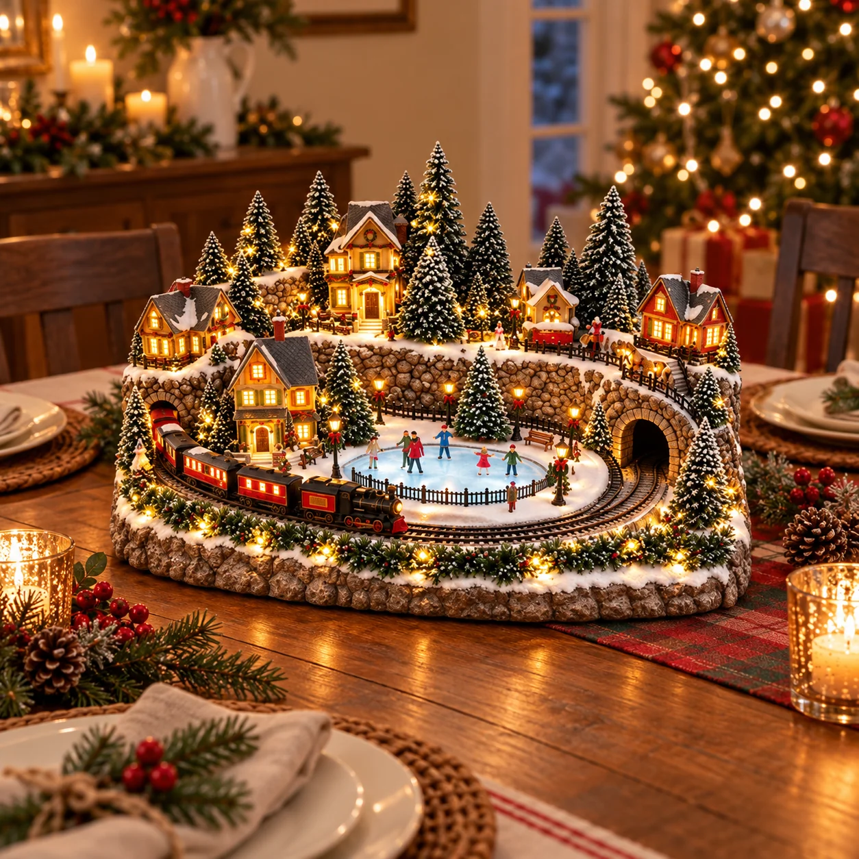 Miniature Christmas village on a decorated console table
