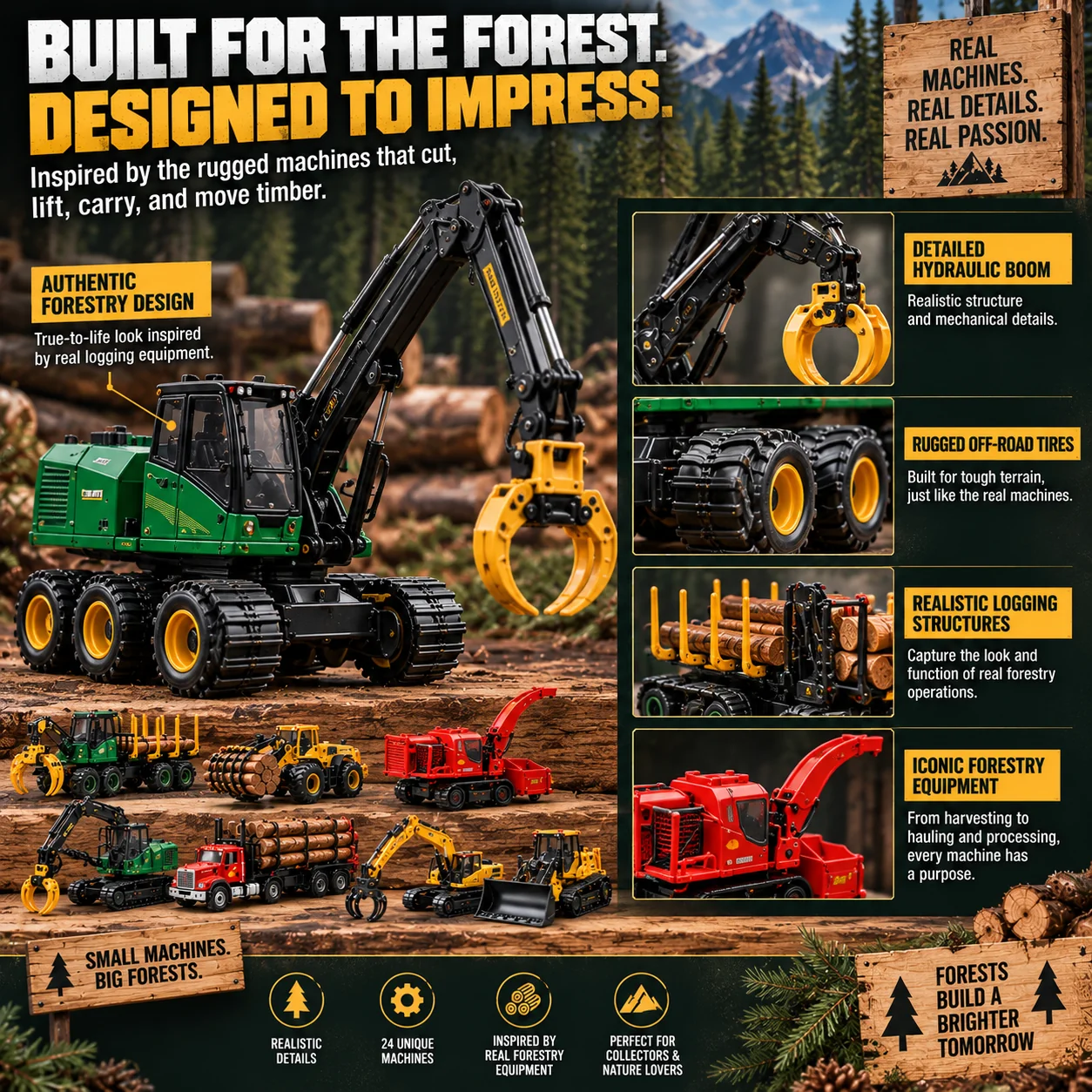 Realistic forestry equipment model details hydraulic boom log grapple and tires