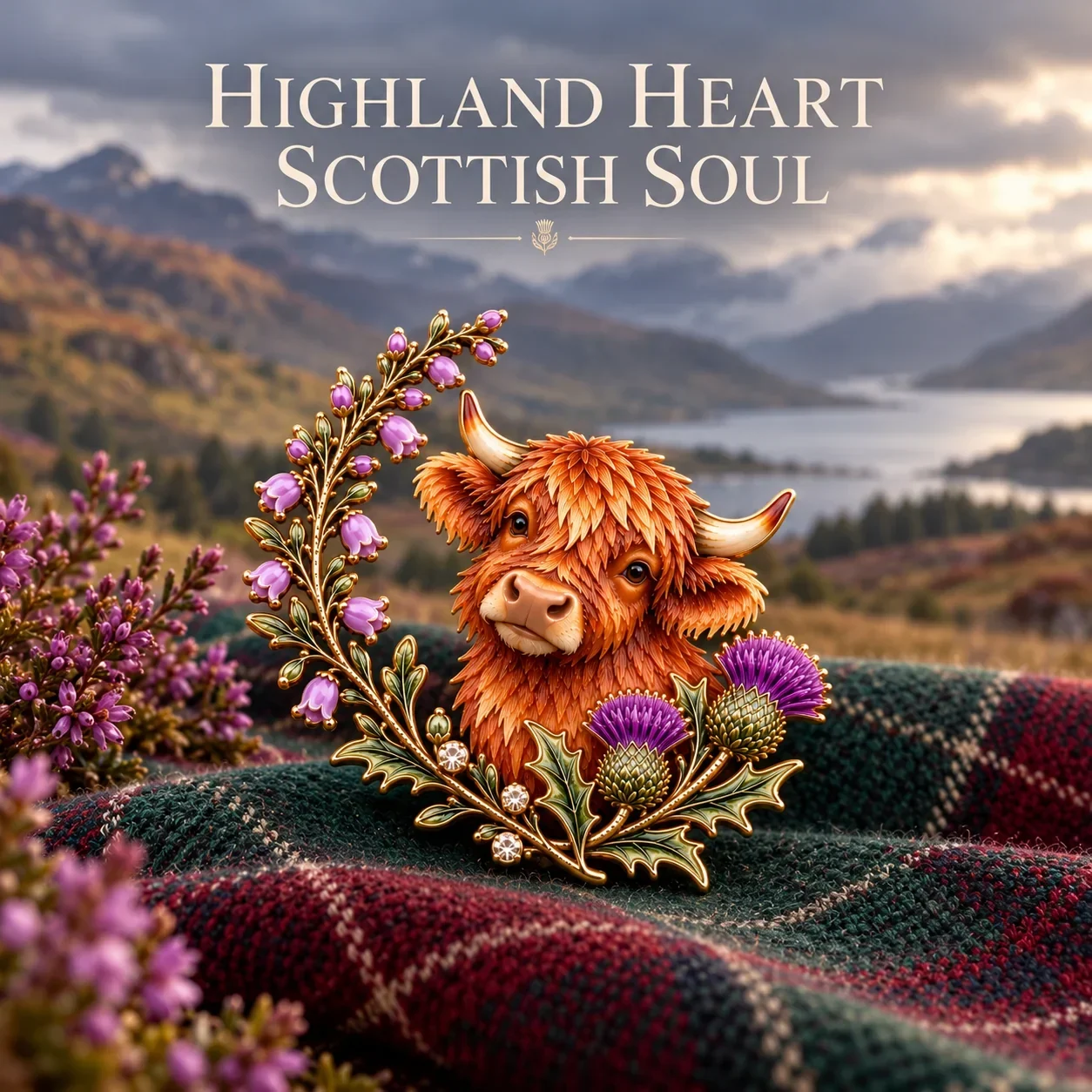 Highland Heart Scottish Soul brooch against a Highland landscape