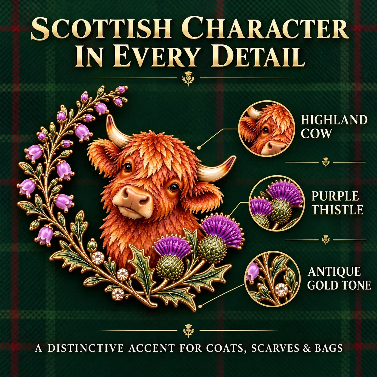 Highland Cow and Thistle brooch details on tartan